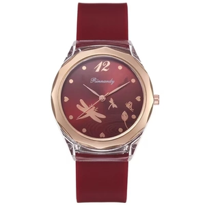 Women Fashion Quartz Watch Silicone Strap Transparent Case Rose Gold Octagonal Bezel Dragonfly Butterfly Floral Print Analog Wristwatch Ladies
