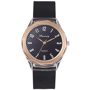 Fashionable quartz watch with black silicone strap and rose gold octagonal bezel