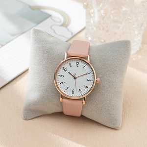 Pink lychee leather strap watch with rose gold case and marble texture dial for women