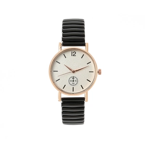 Montre minimaliste pour femme avec boîtier or rose, cadran blanc et bracelet noir ridé