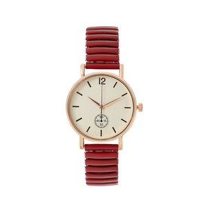 Montre femme chic avec bracelet rouge extensible et boîtier rond or rose sur fond blanc