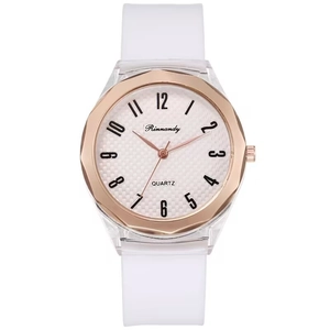 Minimalist white silicone quartz watch with rose gold bezel and large numeral dial