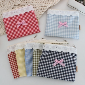 Pochette a quadretti con pizzo, fiocco carino e cerniera in metallo in vari colori vivaci