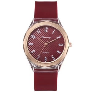 Fashionable red silicone quartz watch with a gold gear bezel and minimalist large dial