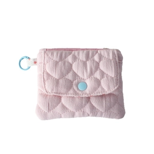 Pink heart quilted coin purse with light blue snap button and round plastic hook
