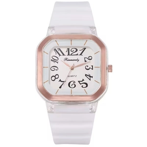 Fashion Square Quartz Watch For Women Students Large Arabic Numerals Silicone Strap Transparent Case Casual Wristwatch