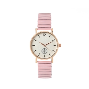 Montre femme avec bracelet élastique rose, boîtier or rose et cadran texturé blanc
