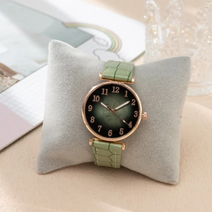 Green gradient dial quartz watch with avocado green embossed strap and rose gold case