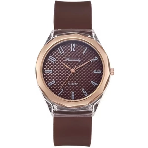Minimalist quartz watch with brown silicone strap and rose gold polygonal bezel