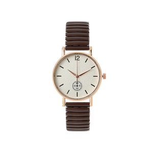 Montre femme en or rose avec cadran argenté et bracelet extensible marron élégant