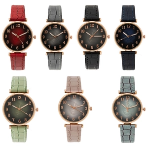 Women's quartz watches with rose gold cases and leaf patterns on various colored leather straps