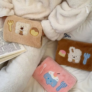 Plush cartoon electric hot water bottle set in brown and pink soft faux fur covers