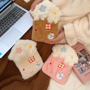 Plush house-shaped hot water bags with star embroidery in brown, beige, and pink colors