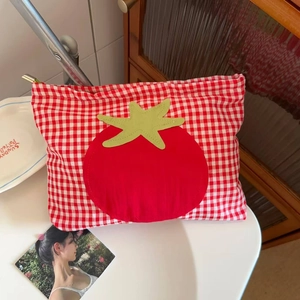 Rote Gingham Kosmetiktasche Tomaten Applikation Große Kapazität Make-Up Organizer Tragbare Stoff Reisetasche Für Damen