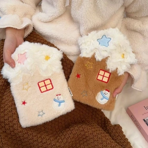 Star house plush hot water bottle covers in cream and brown with snowman embroidery