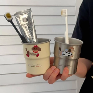 Cute dachshund cartoon stainless steel toothbrush cups for couples with brushes
