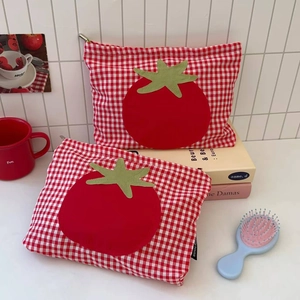 Süße rote Karo-Tomaten-Kosmetiktasche aus Baumwoll-Canvas mit Reißverschluss