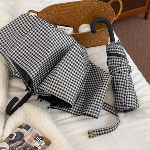 Classic black and white gingham folding umbrella with retro J-shaped handle and cover