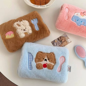 Plush cartoon electric hot water bottles in brown, blue and pink with animal embroidery