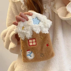 Detailed plush star house hot water bag cover with soft brown fabric and snowman embroidery