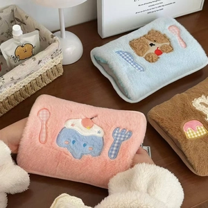 Detailed view of cute plush hot water bottle covers with soft coral fleece and embroidery