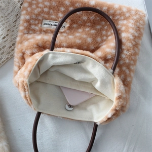 Plush deer print tote bag with soft faux fur texture and magnetic clasp closure