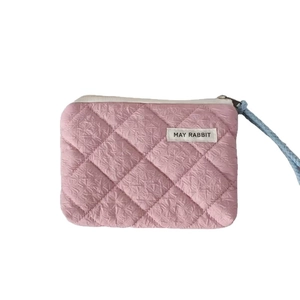 Pink quilted mini coin purse with light blue lanyard and zipper closure for travel