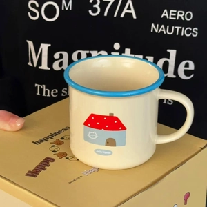 Retro Enamel Style Ceramic Mug With Handle Cartoon House Cat Pattern Cute Coffee Cup Breakfast Tea Drinkware Gift