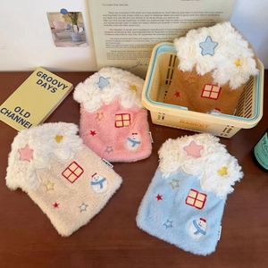Detailed plush house-shaped hot water bottle covers with star and snowman embroidery