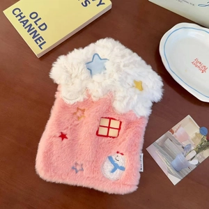 Cozy house-shaped plush hot water bottle cover with embroidered stars and snowman detail