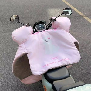 Pink waterproof handlebar muffs with thick fleece lining and cartoon animal prints