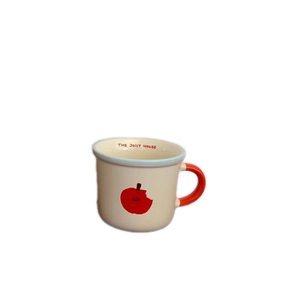 Ceramic apple pattern mug with red handle and blue rim for coffee and breakfast
