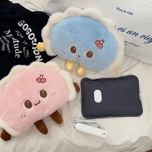 Cartoon dumpling plush electric hot water bag set with pink and blue covers and charger