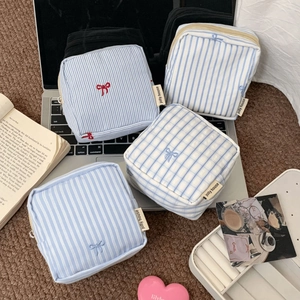 Cute striped and checkered cotton pouch collection with bow embroidery and zipper