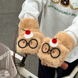 Gants À Rabat Demi-Doigts En Peluche Dessin Animé Mignon Hiver Chaud Épais Mitaines En Fausse Fourrure Pour Femmes