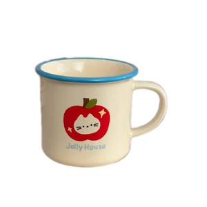 Cute cartoon ceramic mug with apple cat design and blue rim for breakfast and home use