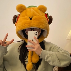 Bonnet Peluche Ours Hamburger Mignon Chaud Épais Coupe-Vent Protection Oreilles Hiver Fausse Fourrure Pour Femmes