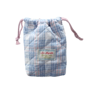 Blue plaid quilted drawstring pouch for camera protection with pink braided rope