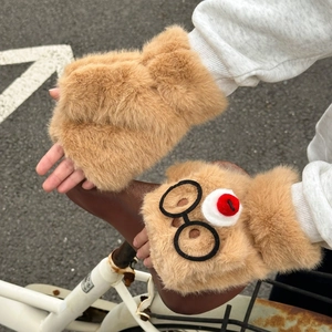 Gants à demi-doigts en peluche kaki avec lunettes de dessin animé et texture en fausse fourrure