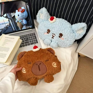 Detailed view of plush rechargeable hot water bag with cute cartoon animal character covers