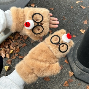 Gants sans doigts en peluche à rabat avec décor de lunettes et pompon à l'extérieur