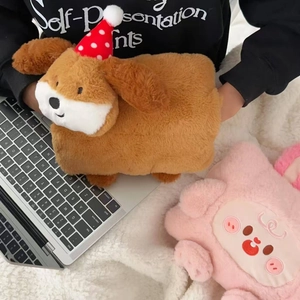 Rechargeable plush hot water bottle featuring a cute brown dog with a red polka dot hat