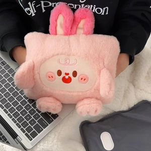 Pink plush rabbit hot water bottle with cute 3D ears and cartoon face embroidery