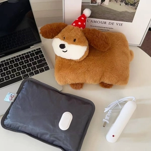 Cute puppy plush rechargeable hot water bottle with festive hat and charging cable set