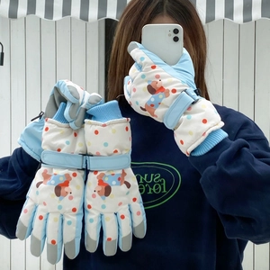 Women's waterproof ski gloves with cartoon dog print and touchscreen-compatible fingertips