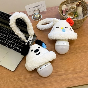 Detail of Hello Kitty and Pochacco LED night lights with plush hats and hanging cords