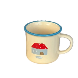 Retro cream ceramic mug with blue rim and Jolly House cartoon illustration for coffee