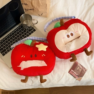 Hanging apple plush tissue box with cute facial expressions and blue plaid handle detail