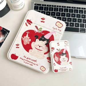Cute bear and apple pattern PU leather tablet sleeve and small accessory pouch set