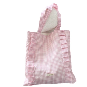 Sac fourre-tout en toile à carreaux roses avec volants et étiquette mayrabbit chic